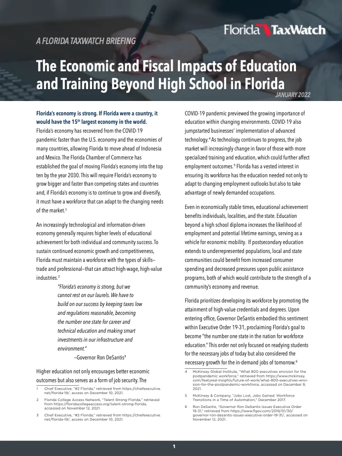 The Economic and Fiscal Impacts of Education and Training Beyond High School in Florida